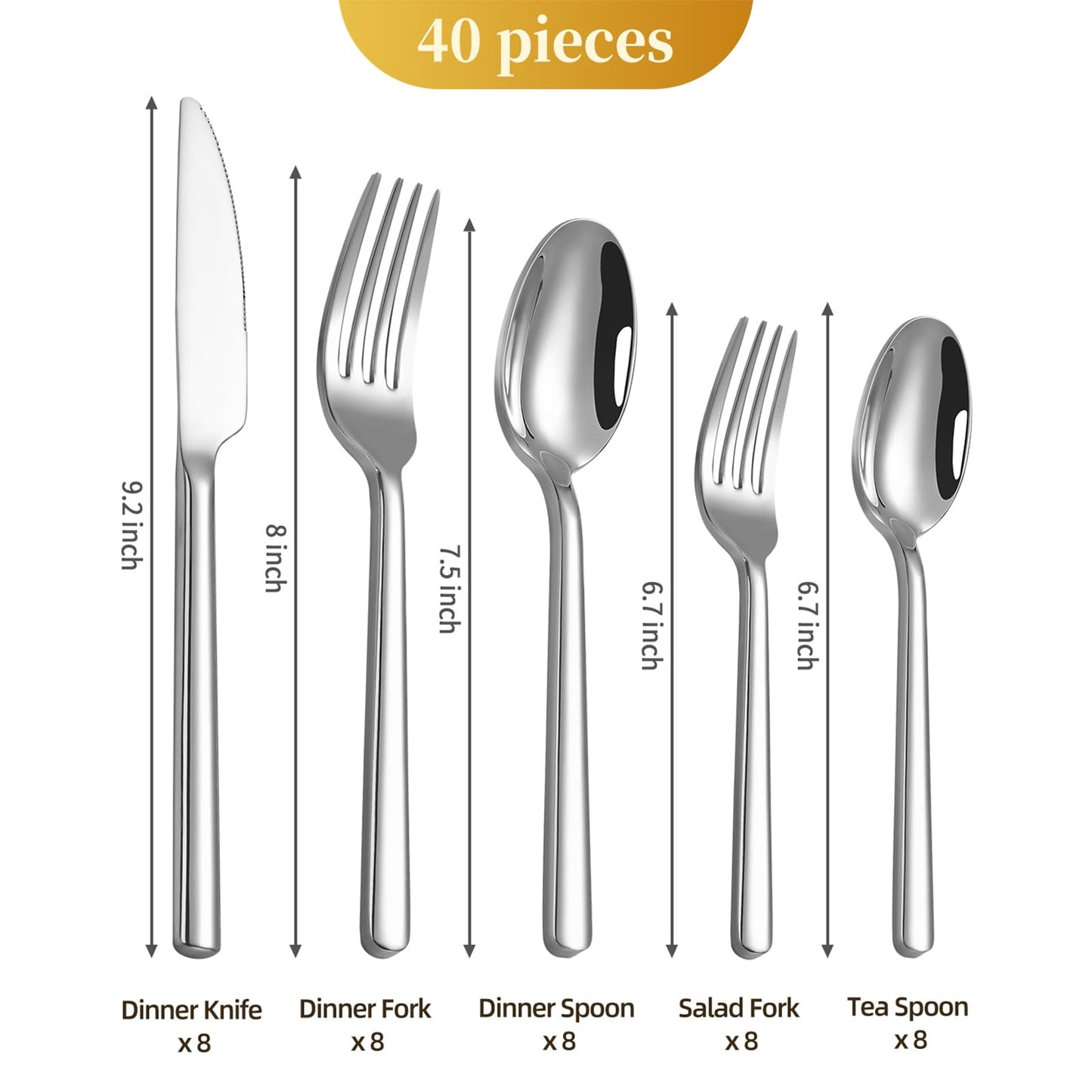 TININA 40-Piece Silverware Set, Heavy-Duty Stainless Steel Flatware Set for 8, Cutlery Set with Modern Round Handle, Mirror Polished Silverware for Home, Wedding, Restaurant, Dishwasher Safe
