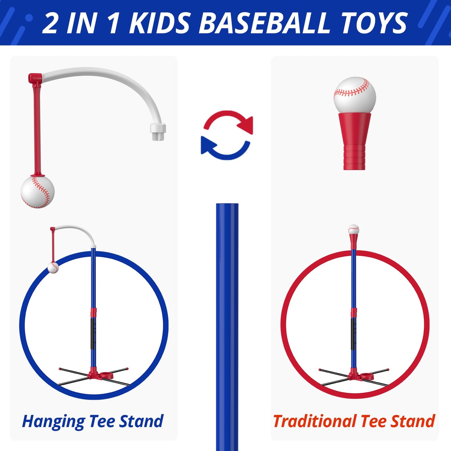 HYES 3 in 1 T Ball Set for Kids 3-5, Kids Baseball with Hanging Tee/Standing Tee/Automatic Launcher/6 Softballs, Adjustable Height Toddler Baseball Sets Indoor Outdoor Sport Gifts Toys for Boys, Blue