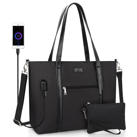 Laptop Tote Bag for Women 17.3 Inch Laptop Bag Large Teacher Tote Bag Waterproof Nylon Work Bag with Wristlet Wallet Computer Tote Bag Handbag Satchel Shoulder Bag (2pcs)