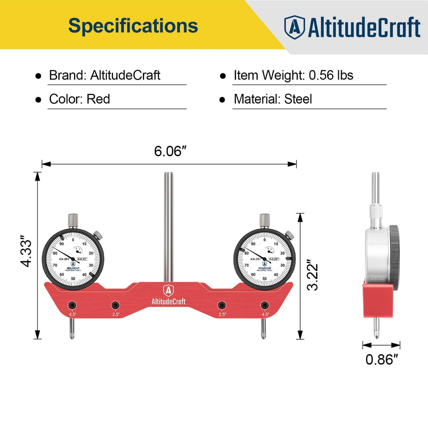 AltitudeCraft Precise Mill and Lathe Tramming System Tool, Machine Calibration for CNC Router and Mini Mill, 0.001” Dual Dial Indicators, 1/4" Shank