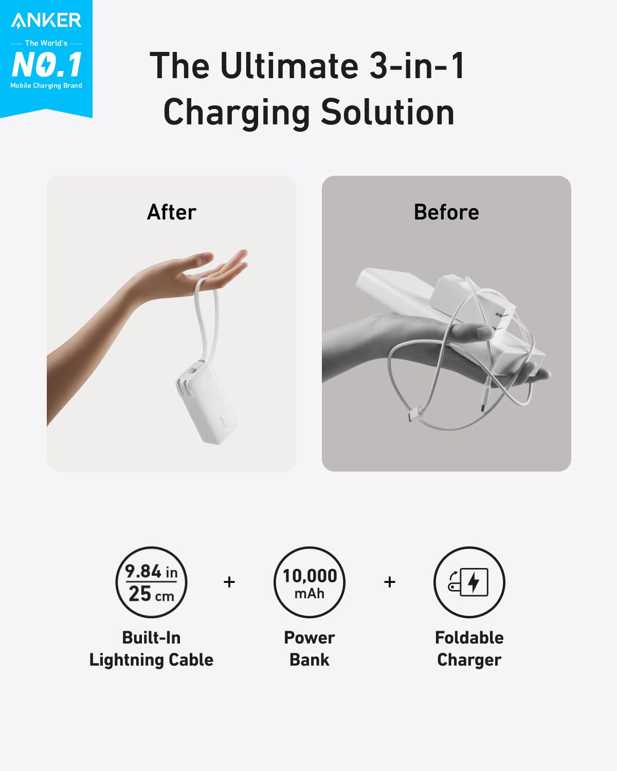 Anker Nano 3-in-1 Power Bank, Built-in Lightning Cable, USB-C Port, Foldable AC Plug for Fast Recharging, 30W Max Output, 10,000mAh Capacity, Compatible with iPhone 14 Series, AirPods, and More