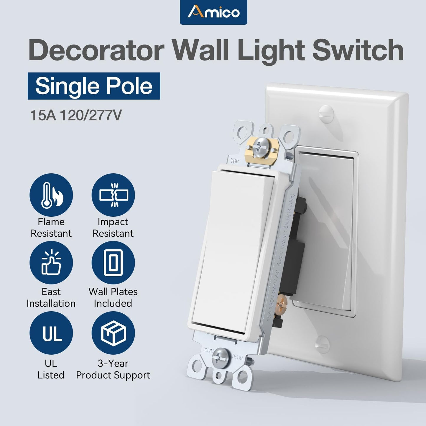 Amico 30 Pack Single Pole Light Switch with Wall Plate, UL Listed, 15A 120/277V, On/Off Rocker Paddle Interrupter Wall Switch, Grounding Screw, Residential Grade, Suitable for Home and Business, White