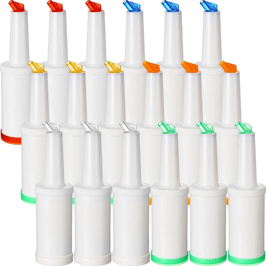 CHENGU 18 Pack 34 oz Bar Pour Colorful Juice Pouring Bottle Containers Plastic Juice Liquor Store in 6 Colors for Bartending Home Kitchen Party Supplies