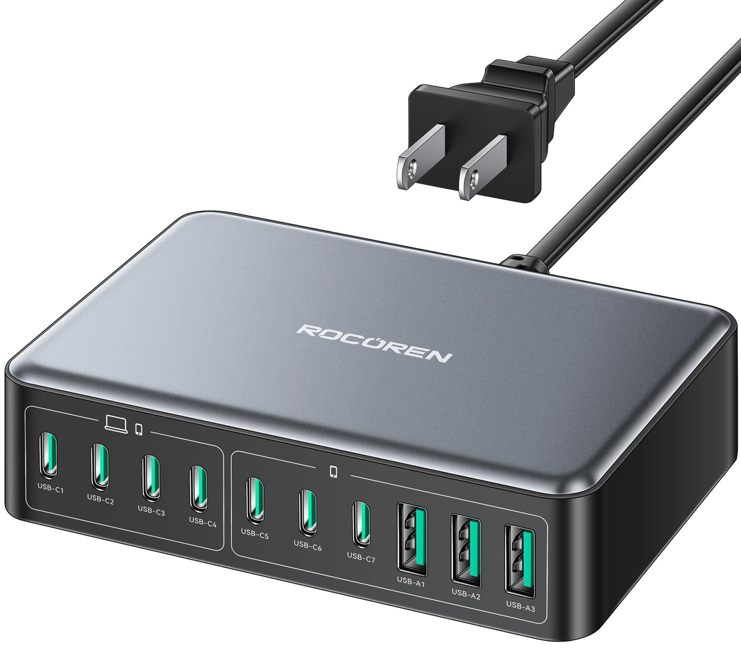 480W USB C Charger Block, Rocoren 10-Ports USB C Charging Station for Multiple Devices,PD 100W Gan Fast Charger Station Desktop Multi USBC Charging Hub Dock for Laptop MacBook,HP,iPad,iPhone,Samsung