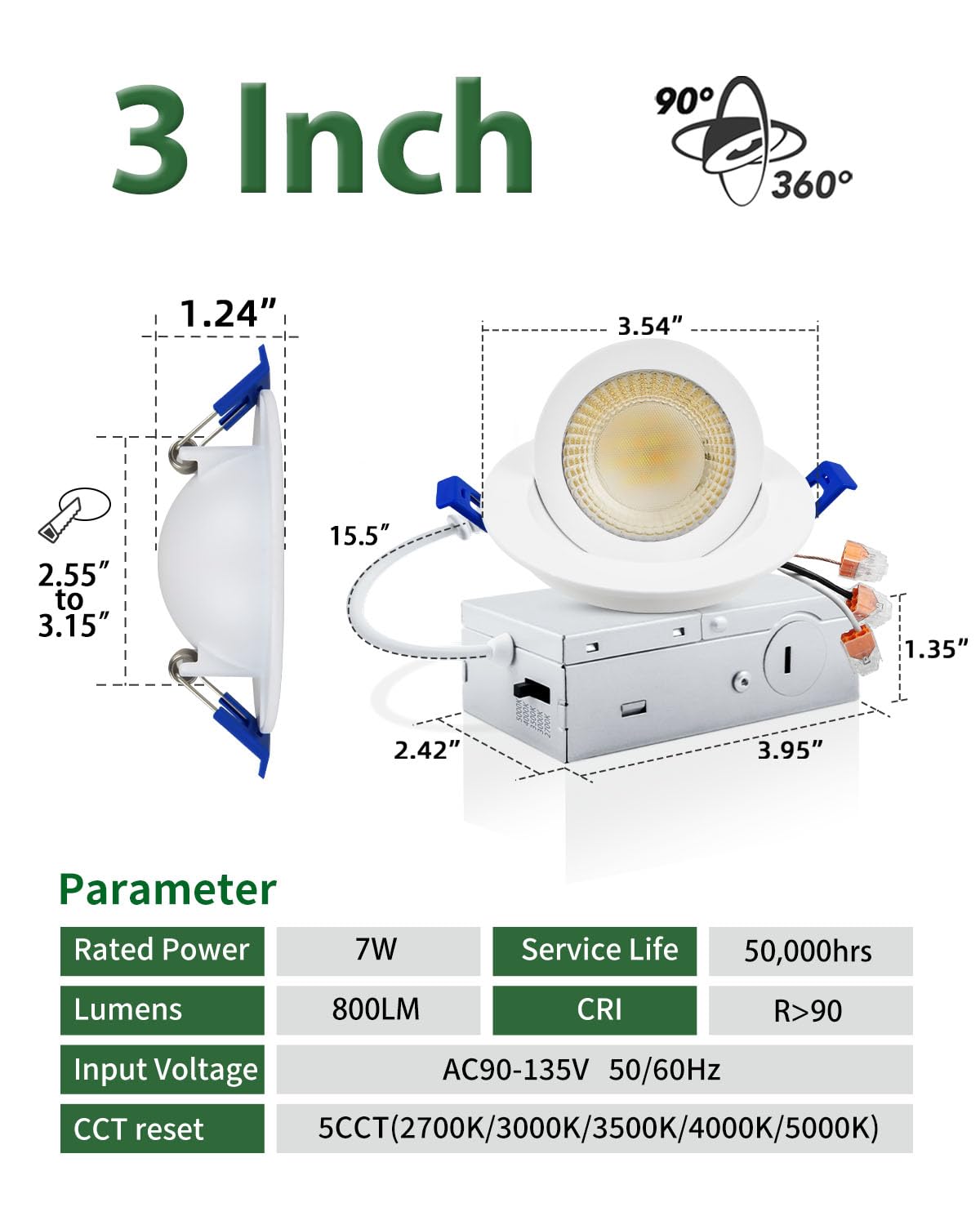 zouzai 5CCT LED Gimbal Led Recessed Light with Junction Box, 360°+90° Adjustable Directional Eyeball Lighting, Dimmable, 2700K/3000K/3500K/4000K/5000K,ETL&Energy Star (White 6 Pack, 3 inch)