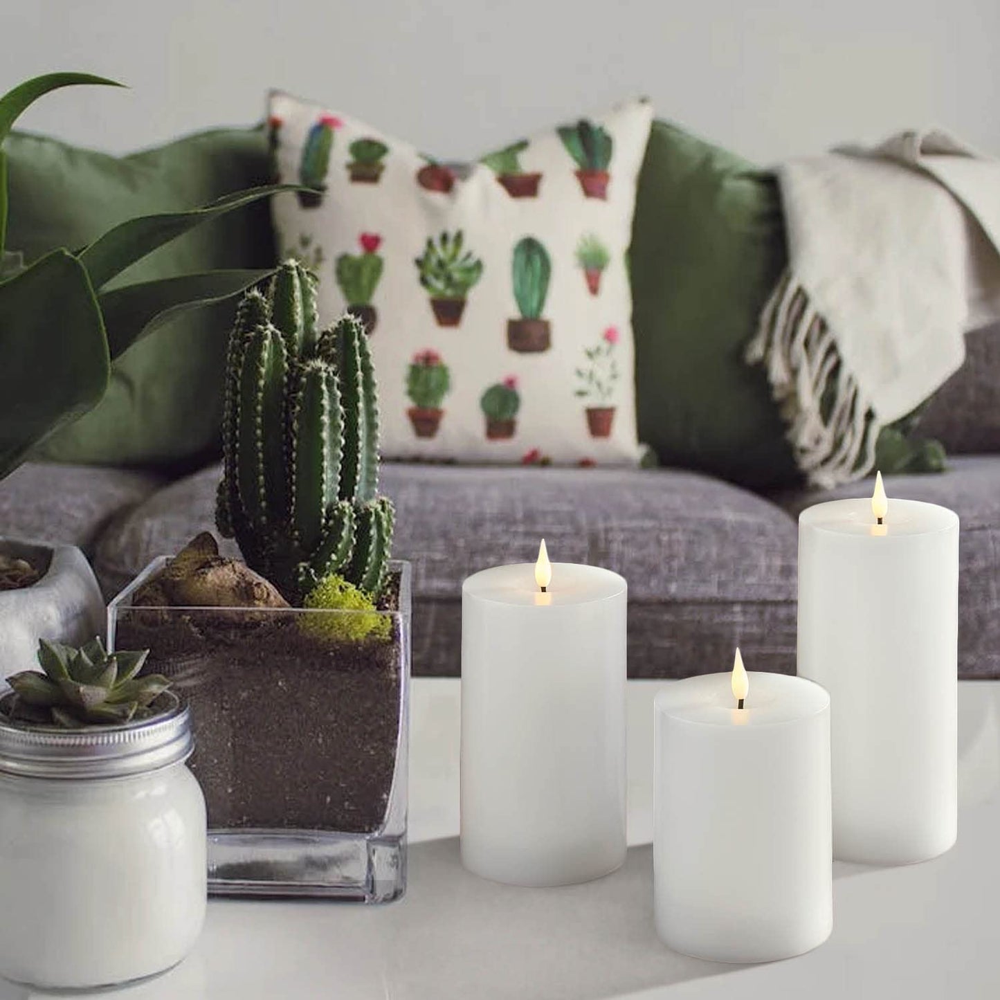 LampLust Realistic Flameless Pillar Candles with Remote - Set of 3, Batteries Included, Real White Wax, 3D Flickering LED Flame, 3 Inch Diameter Pillar Candles for Wedding and Farmhouse Home Décor