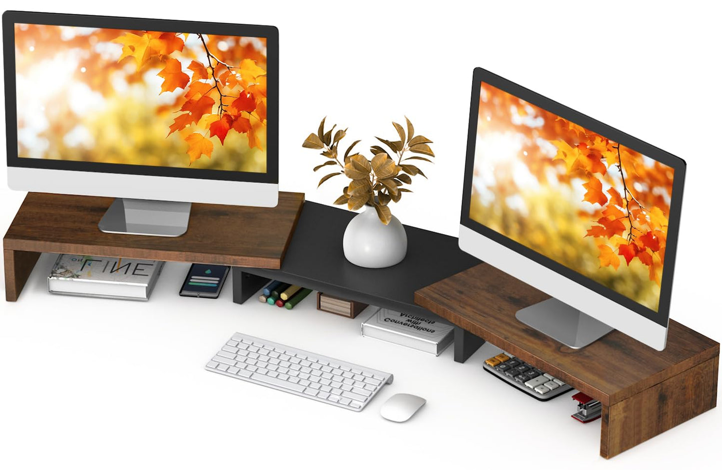 TAVR Dual Monitor Stand Riser, Computer Monitor Stands for 2 Monitors, Extra Long Multifunctional Wooden Desktop Organizer Riser for Computer, Laptop, PC, Printer, TV, Max 43.3" Length, Rustic Brown