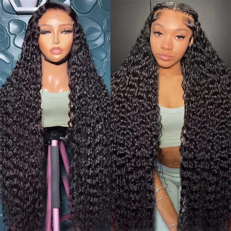 UFHUFH 28inch Deep Wave Lace Front Wigs Human Hair 13x4 Curly Human Hair Wig Pre Plucked with Baby Hair HD Transparent Lace Frontal Hair 200% Density Glueless Wet and Wavy Human Hair Wigs