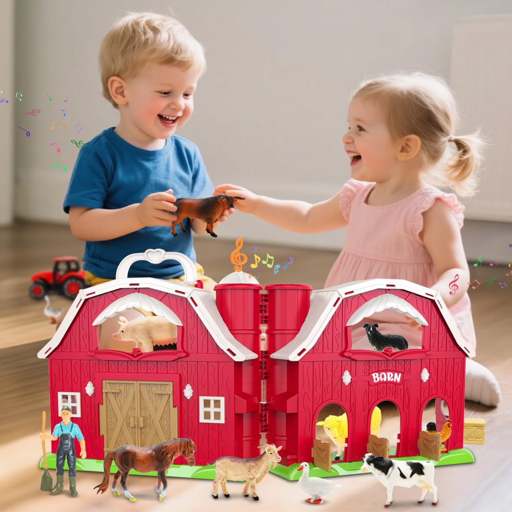 Red Barn Toys for Toddlers 1-3, Farm Animal Figures Playset with Tractor for 2 3 4 5 Year Old Kids, Musical Preschool Montessori STEM Learning Toys, Christmas Birthday Easter Gift for Boys Girls
