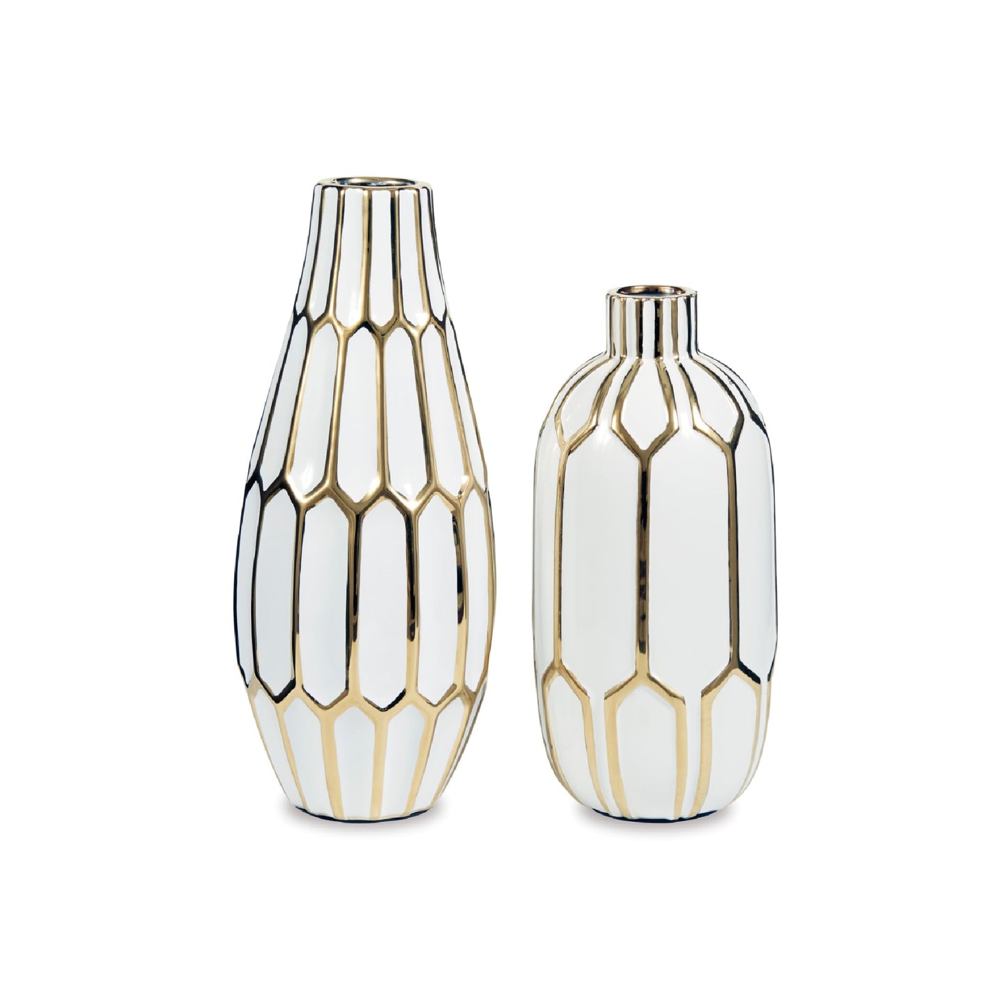 Signature Design by Ashley Mohsen Honeycomb Ceramic 2 Piece Bottle Neck Vase Set, White & Gold