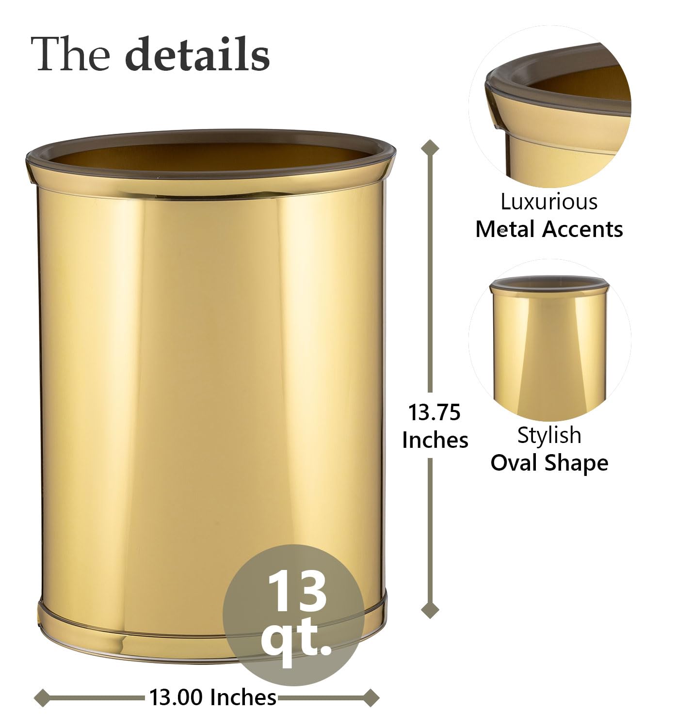 Kraftware Polished Brass Colored Mylar Designer 14” Oval Wastebasket for Home & Office