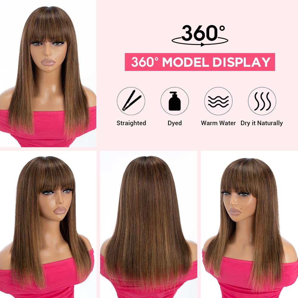 Rebecca Fashion 14 Inch Ombre Blonde Brown Straight Wig with Bangs Human Hair Silky Straight Bang Wig Glueless Minimalist 2.75x1 Lace Scalp Wig for Women Glueless Wear and Go Wigs Brazilian Remy Hair