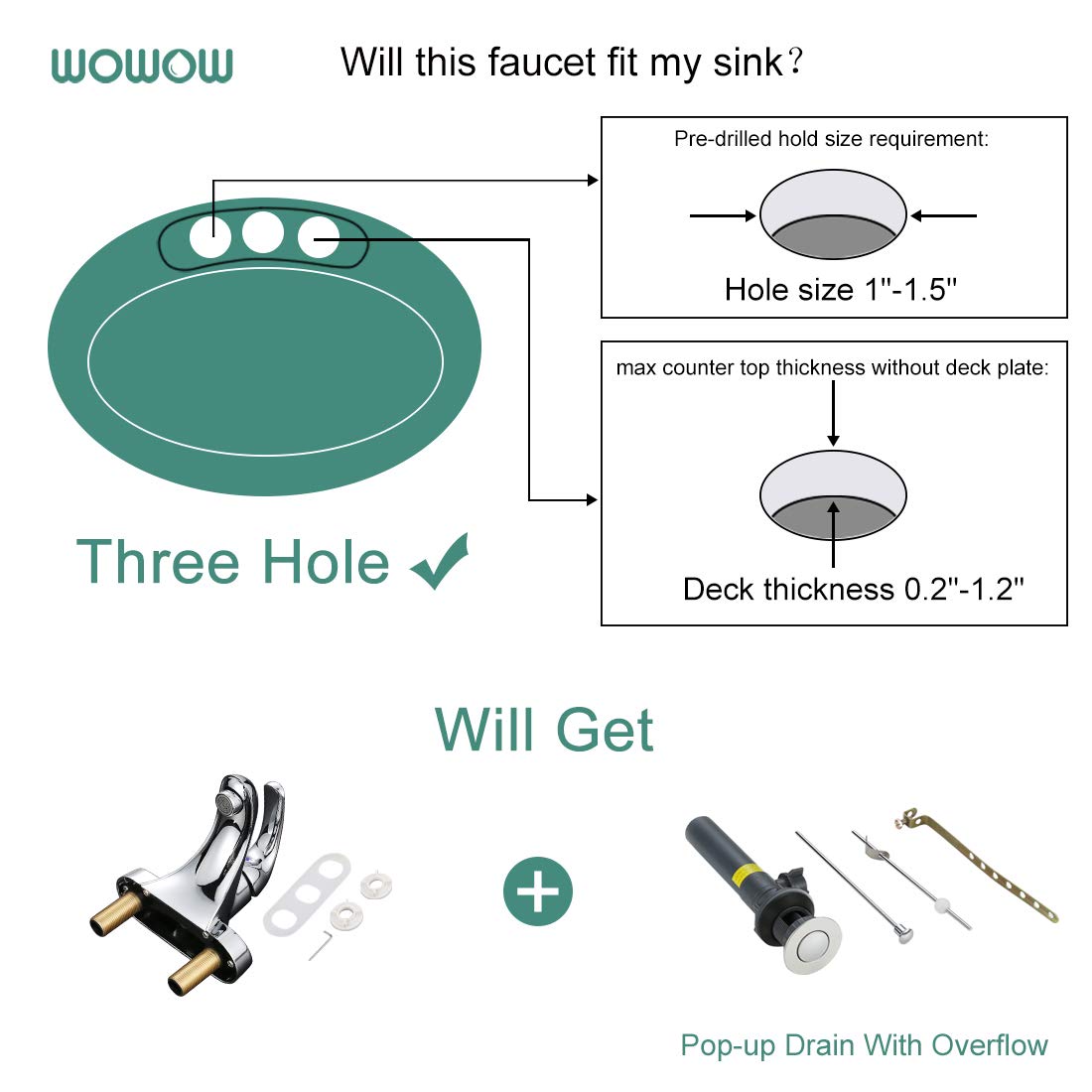 WOWOW Bathroom Faucet 1 Handle Low Arc Single Handle 4 inch Centerset Bathroom Sink Faucet with Lift Rod Drain Assembly Basin Mixer Tap Chrome Vanity Faucet