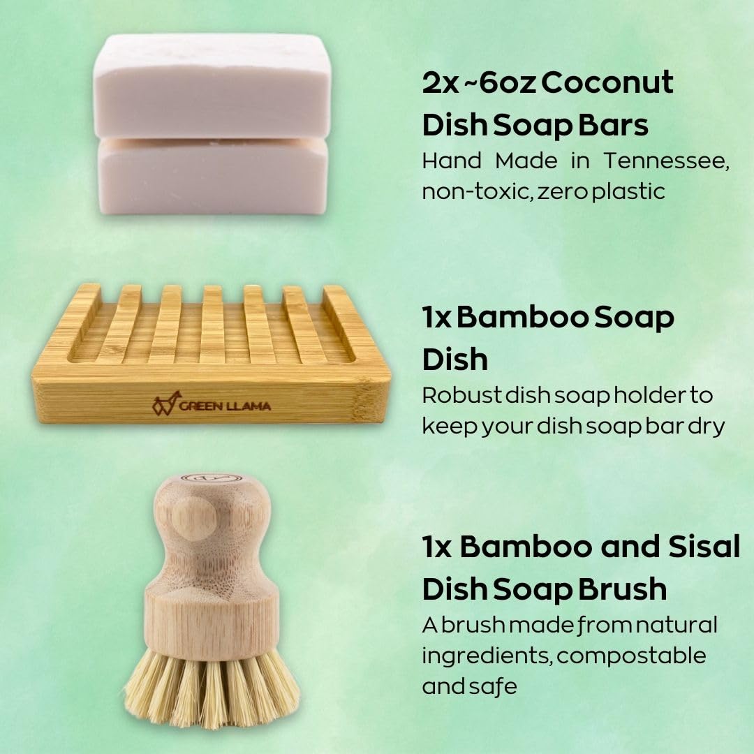 Green Llama Dish Washing Bar Soap Set with 2 Solid Coconut Oil Bars, Sisal Scrub Brush & Bamboo Holder, Fragrance-Free Kitchen Cleaning Set