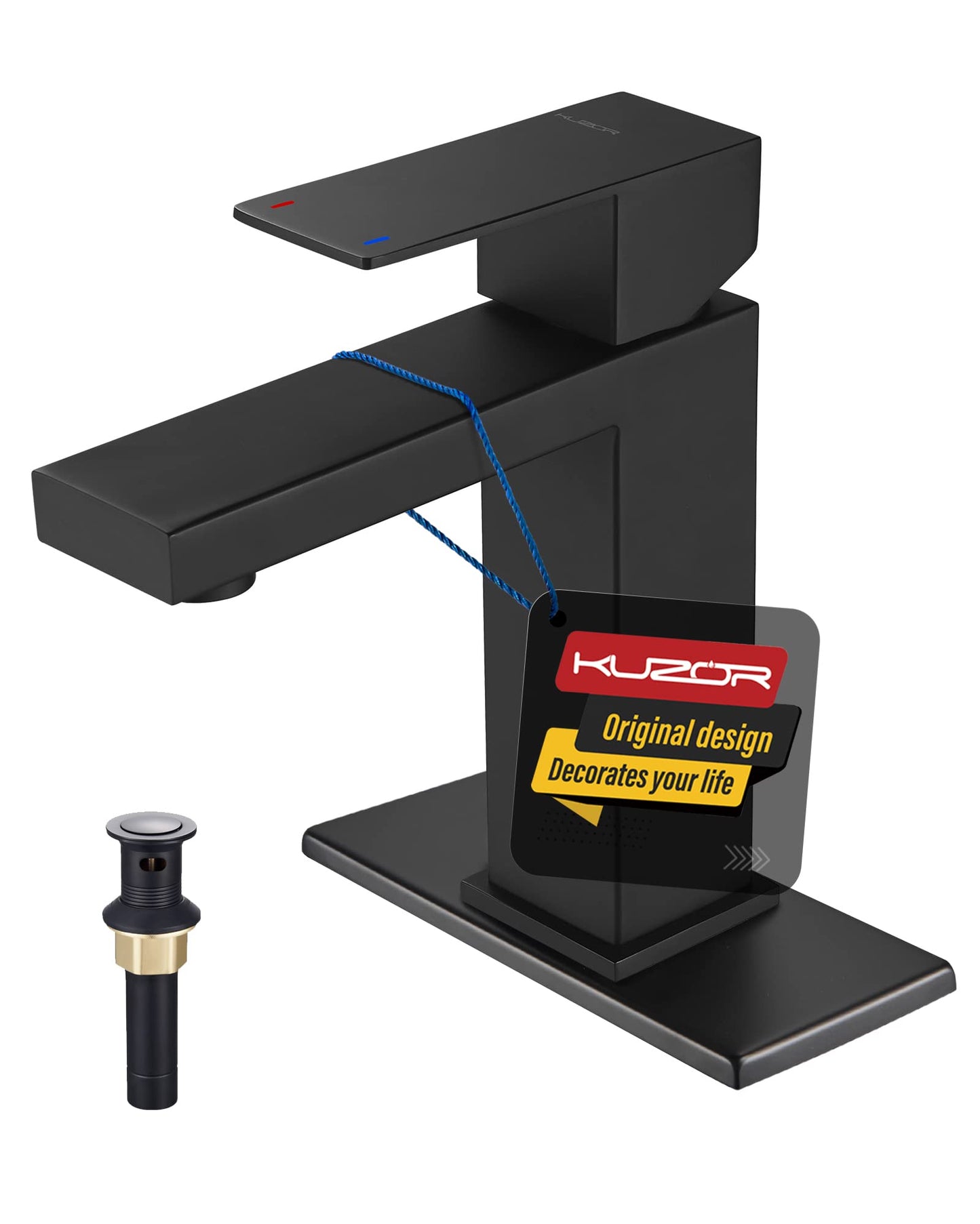 KUZOR Matte Black Bathroom Faucet Single Hole, 304 Stainless Steel One Handle Bathroom Sink Faucet with Metal Pop Up Drain, for Modern Bath/Vanity - 6.69 Inch Height