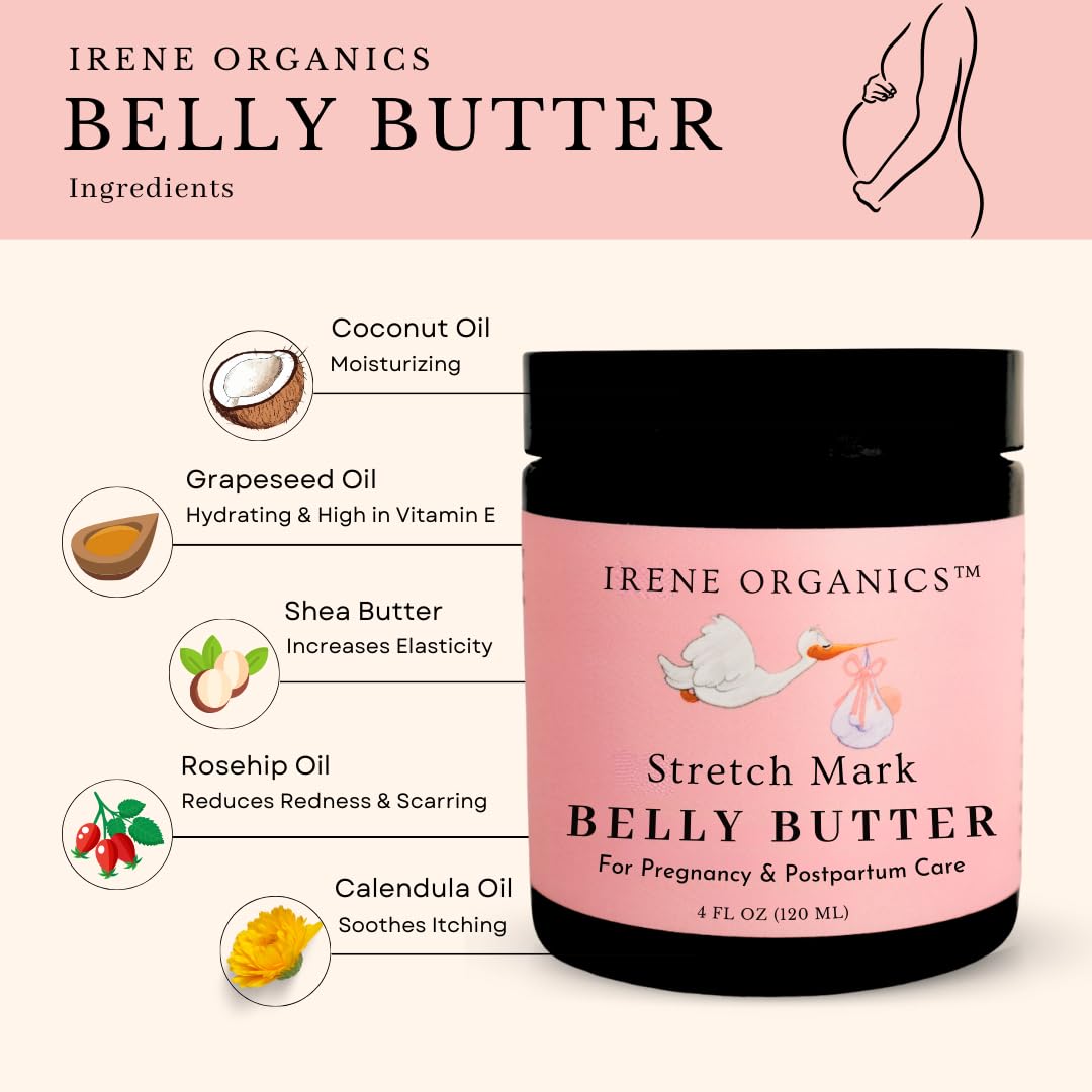 Irene Organics Organic Belly Butter for Pregnancy Stretch Mark Prevention and Treatment Award Winning Anti Stretch Mark Tummy Balm For Pregnancy and Postpartum 8oz - Hydrating Bump Cream