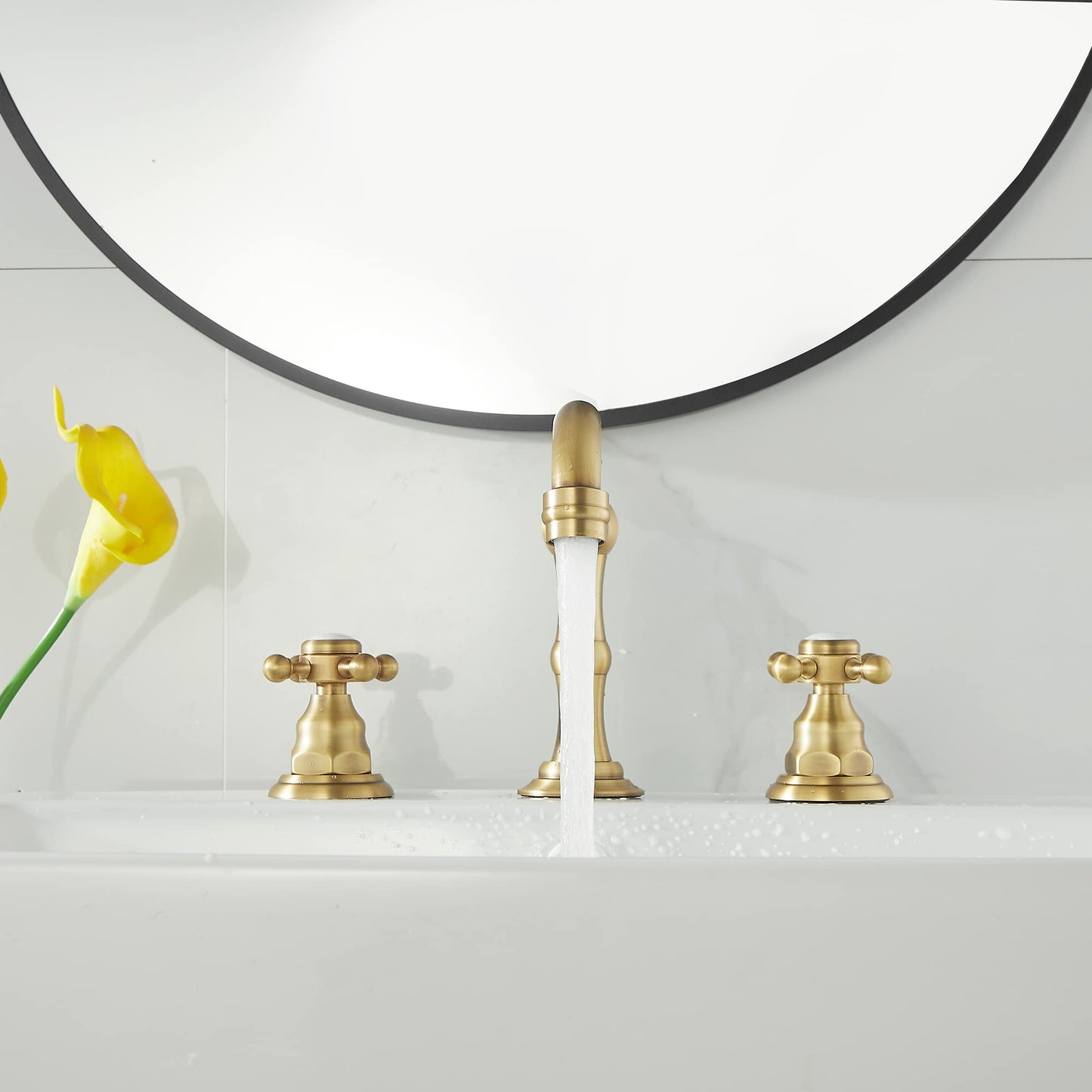GGStudy 2 Handles 3 Holes Faucet Widespread Bathroom Sink Faucet Antique Brass Basin Tap Mixer Supply Hose Included Matching Metal Pop Up Drain