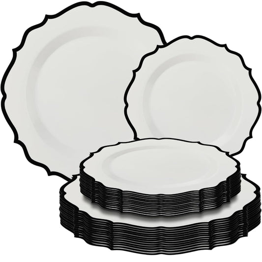 Contemporary Collection Combo White Plates with Black Rim - 7.5" - 10.5" (Pack of 32) - Sleek Modern Design - Perfect for Entertaining & Everyday Use