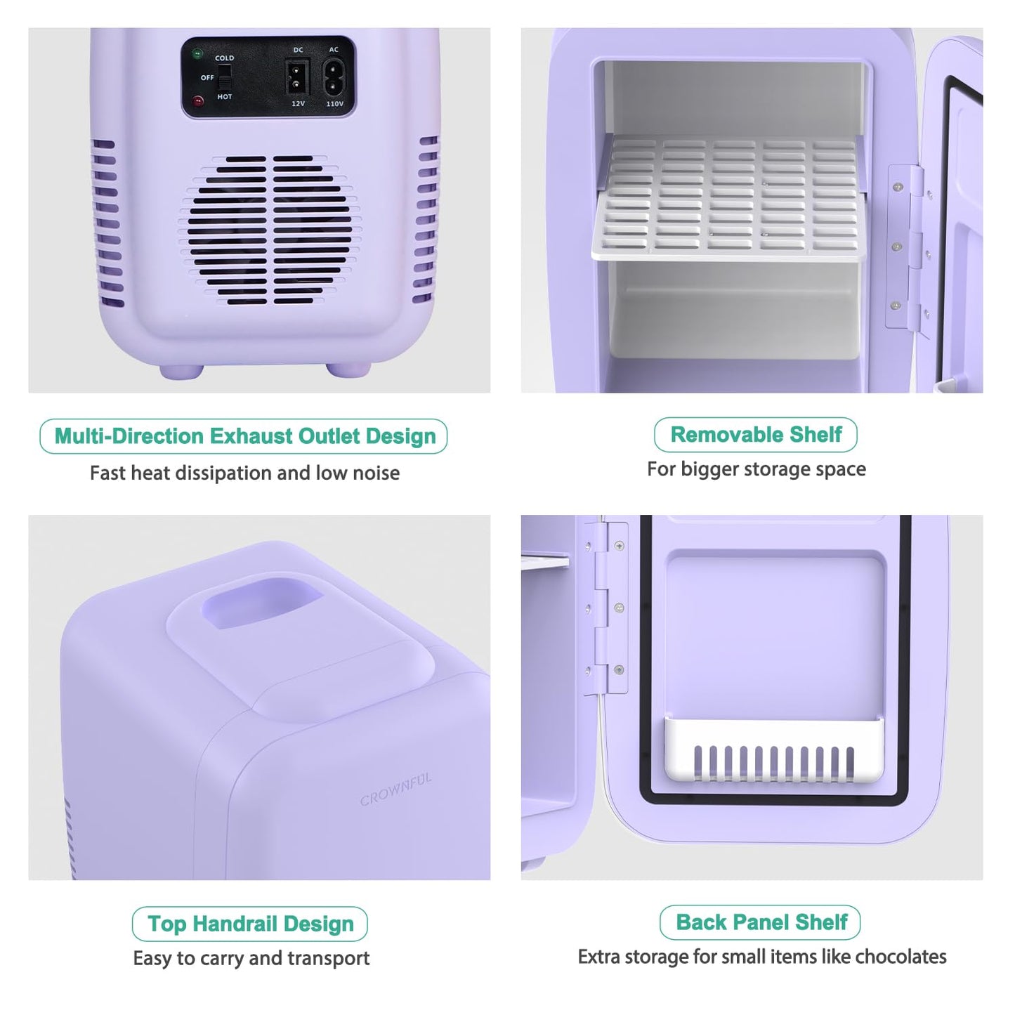 CROWNFUL Mini Fridge, 4 Liter/6 Can Portable Cooler and Warmer Personal Refrigerator for Skin Care, Cosmetics, Beverage, Food,Great for Bedroom, Office, Car, Dorm(Purple)