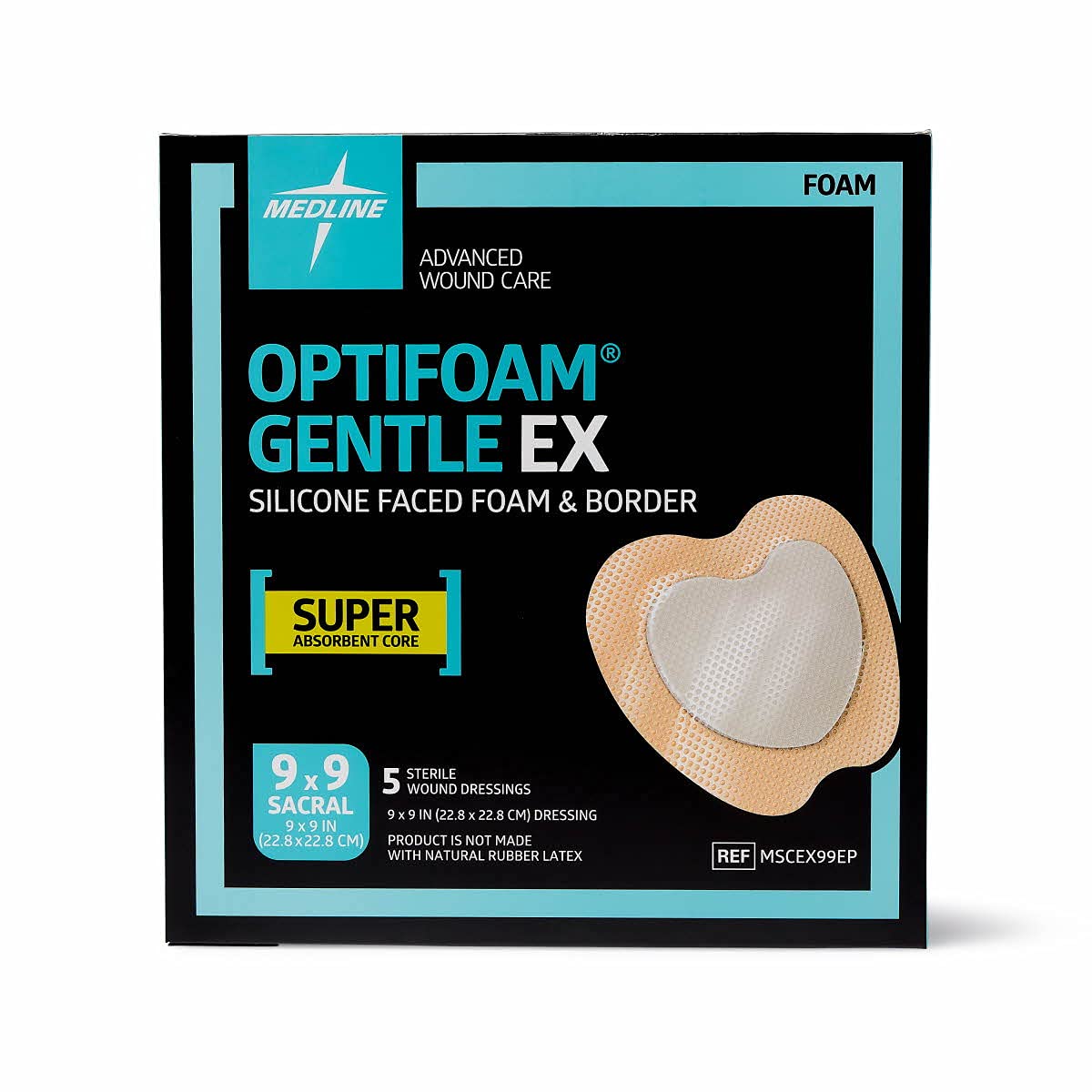 Medline Optifoam Gentle EX Bordered Foam Adhesive Dressing, 9" x 9" Sacral (5 Count)
