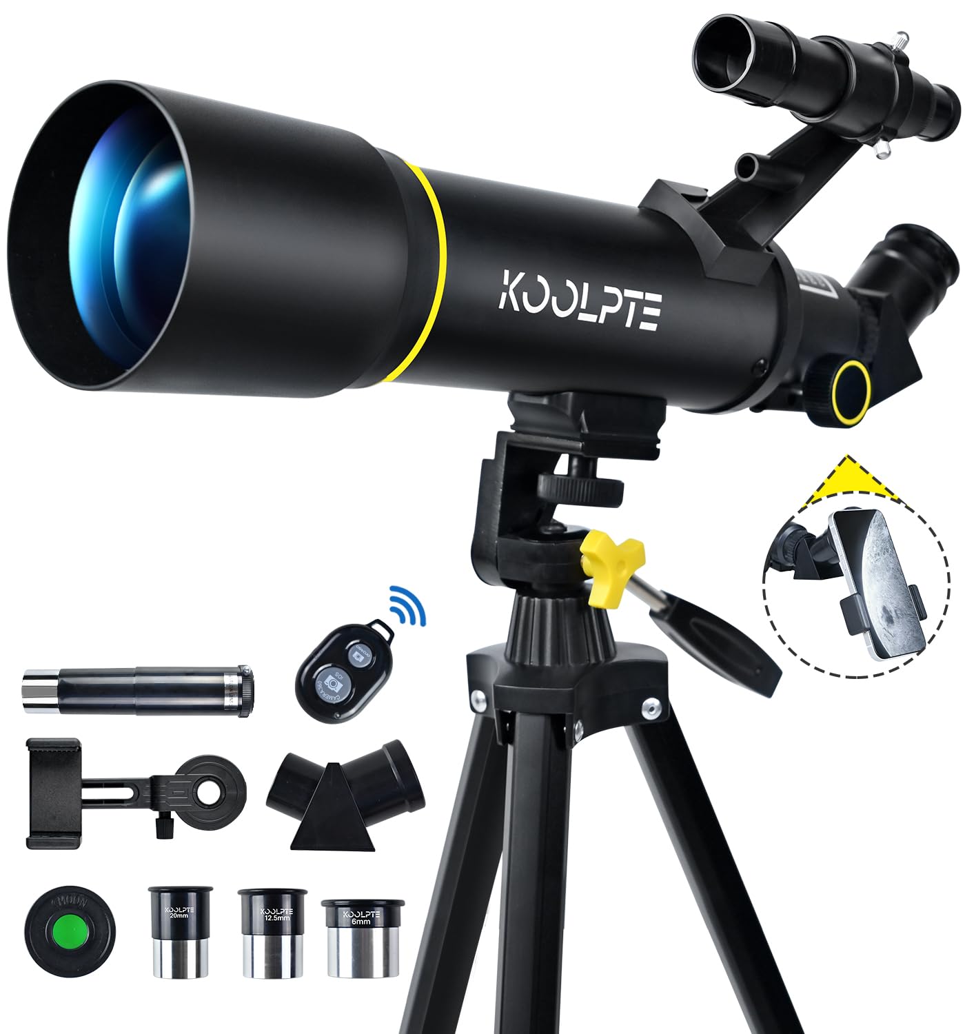 Koolpte Telescope, 70mm Aperture 400mm AZ Mount Astronomical Refracting Telescope (20x-200x) for Kids & Adults, Portable Travel Telescope with Tripod Phone Adapter, Remote Control, Easy to Use, Black