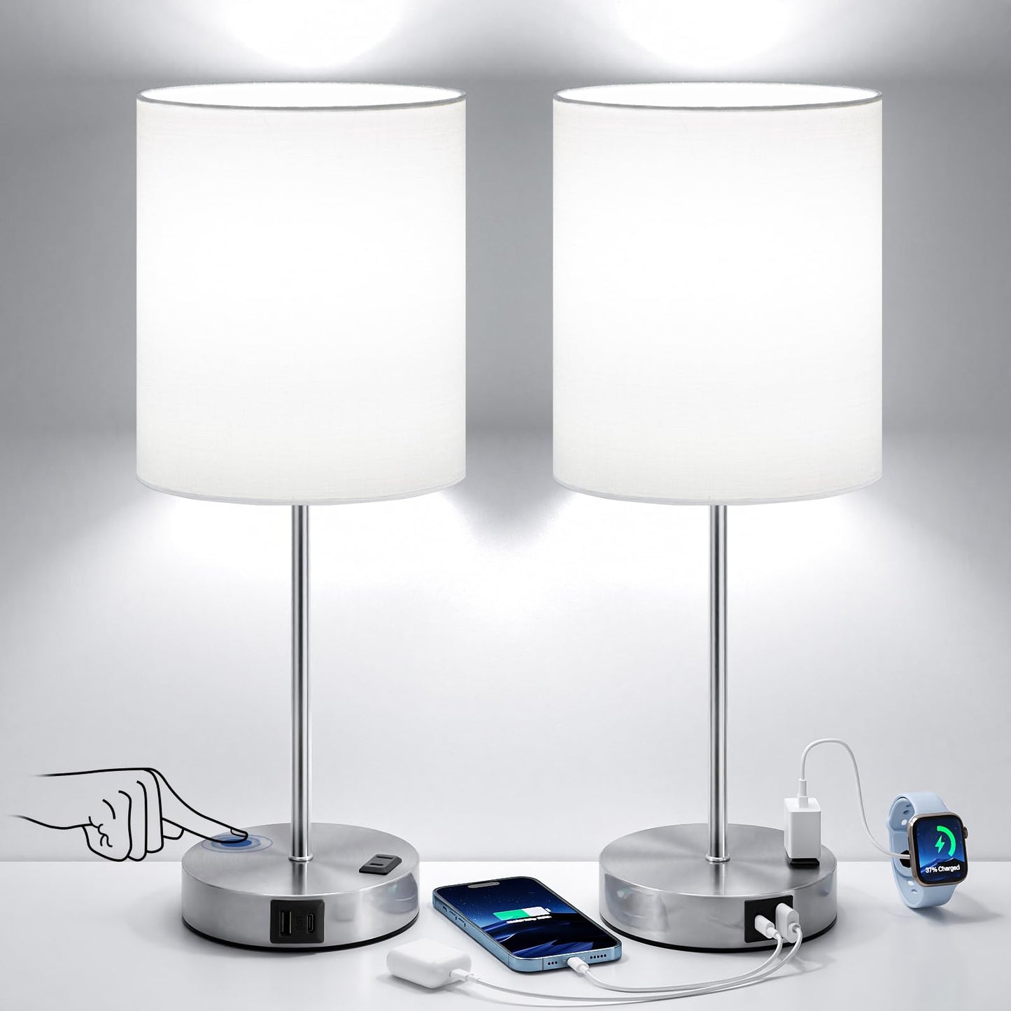 White Touch Lamps for Nightstand Set of 2 - Bedside Table Lamp for Bedroom with Dual USB Ports & AC Outlet, 3-Way Dimmable Lamps for Living Room Boys Room, Night Light with 5000K Daylight Bulbs