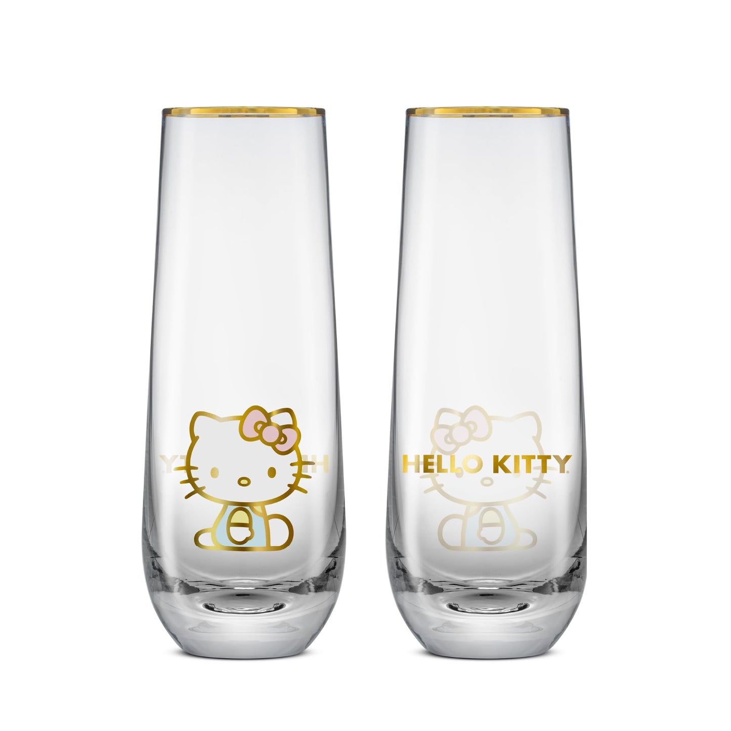 JoyJolt Hello Kitty Stay Gold Stemless Flutes, 9.4oz Drinking Glasses Set of 4, Sanrio Highball Glasses, Kawaii Hello Kitty Kitchen Glass Set Ideal for Water Juice Smoothies, Skinny Tall Glasses