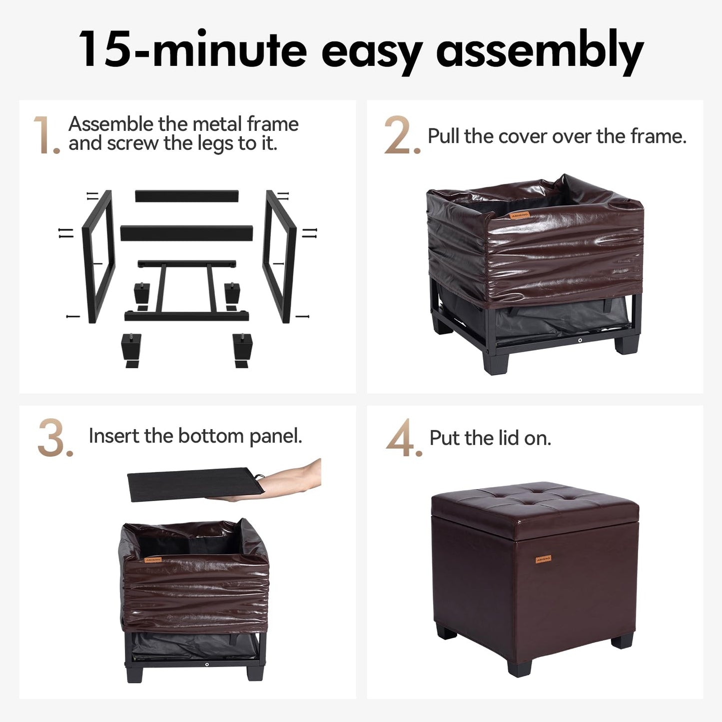 ABHENG Synthetic Leather Cover Steel Frame Ottoman with 48L Storage,17.7" x 17.7" x 17.7" Square Storage Ottoman Stool Cube with Legs,for Dorm Livingroom Brown UASND63R