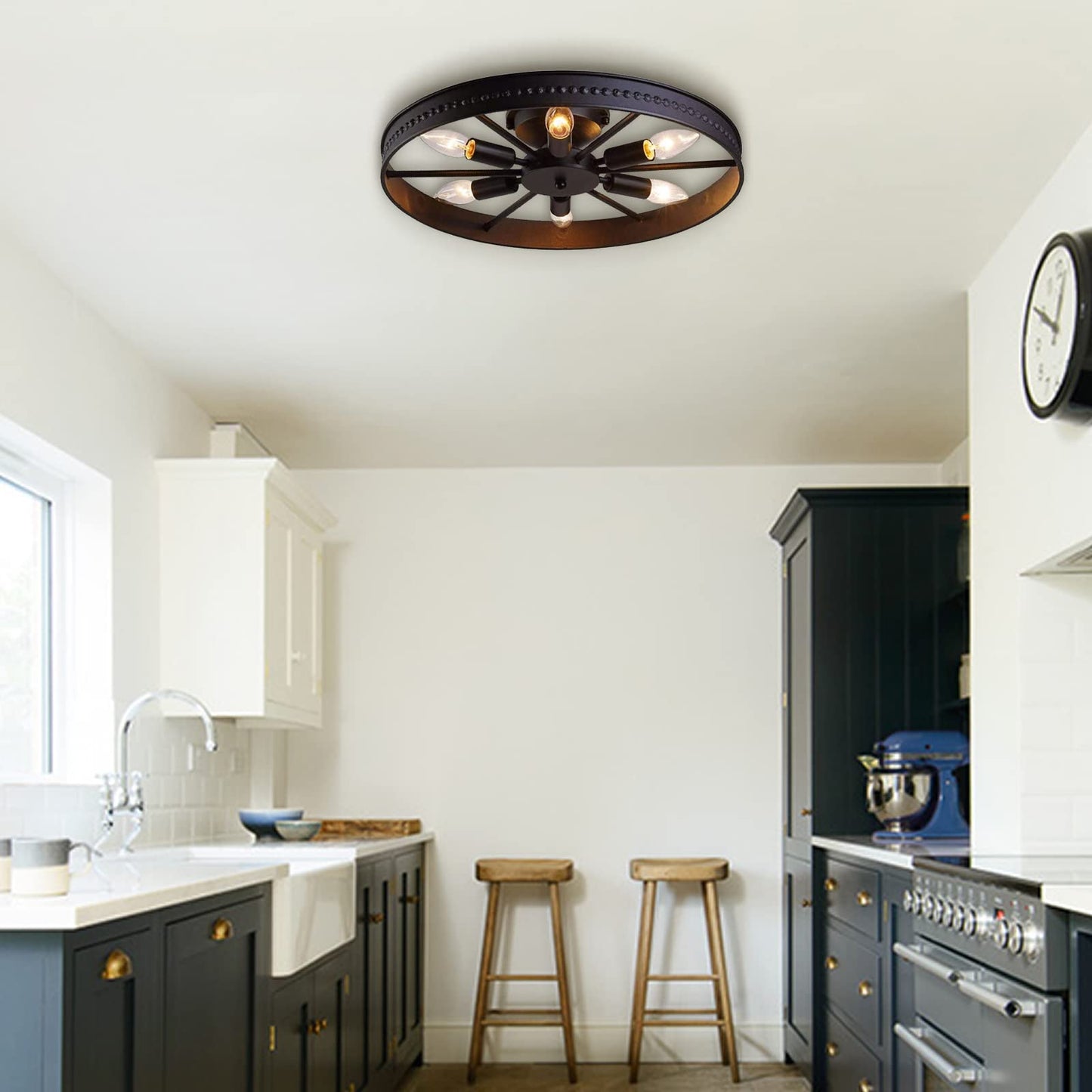 KJLARS 6-Lights Rustic Metal Ceiling Light Fixture Black Round Industrial Living Room Light Semi-Flush Mount Farmhouse Chandelier for Kitchen Island Dining Room Entryway Bedroom Hallway