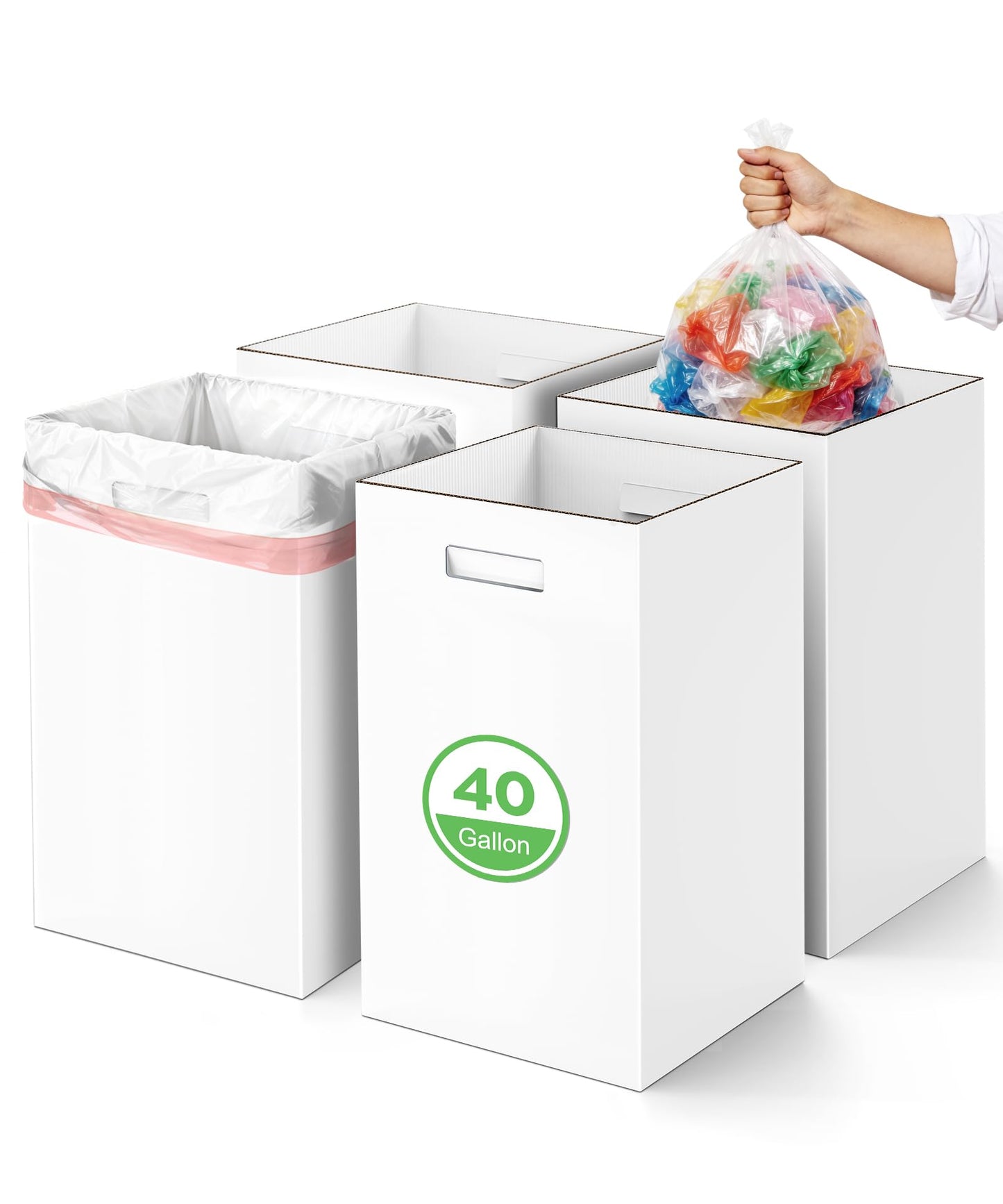 4 Pack Corrugated Cardboard Disposable Trash Cans for Parties, 40 Gallon Collapsible Garbage Cans with Handle, Thick Foldable Bins for Party Events Camping Beach(18" L x 18" W x 30" H), White