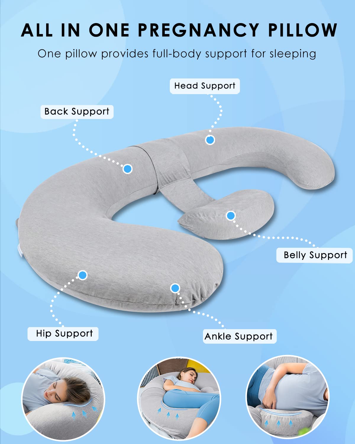 QUEEN ROSE Pregnancy Pillow, E Shaped Body Pillows for Sleeping Support, 60 Inch Maternity Pillow for Pregnant Women with Cooling Silky Cover, Grey