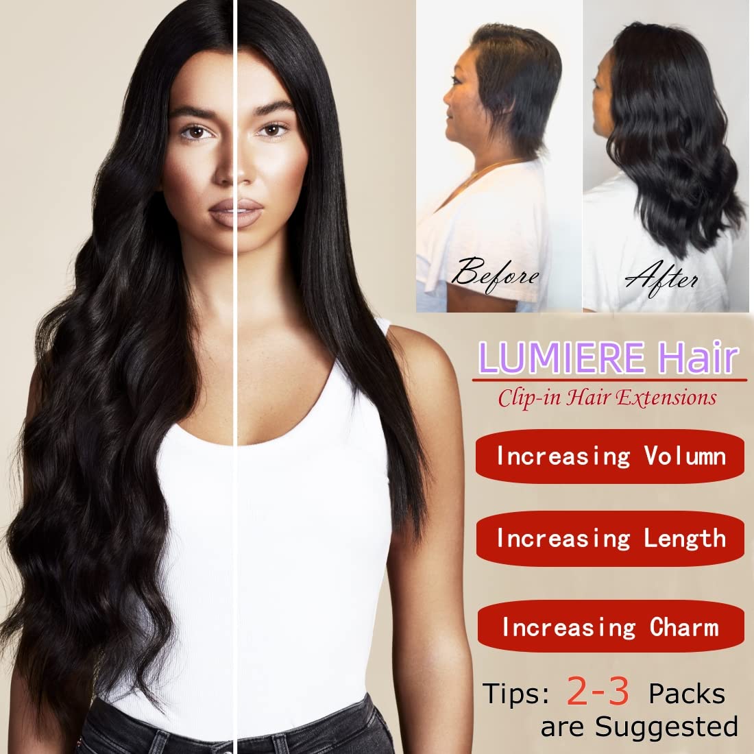 LUMIERE Body Wave Clip In Hair Extensions Real Human Hair Seamless Clip In Hair Extensions For Black Women 120g Grade 10A Brazilian Remy Hair 8Pcs With 20Clips Double Wefts Natural Black 24 Inch