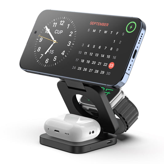 KU XIU Fast Wireless Charger, Magnetic Foldable 3 in 1 Charging Station for iPhone 16/15/14/13/12/Pro/Plus/Pro Max, 5W Portable Charger for Apple Watch9/8/7/6/5/4/3/SE, for Airpods3/2/Pro-Black