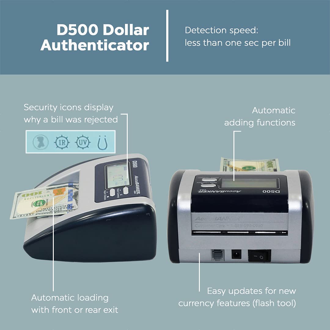 AccuBANKER D500 5-Point Automatic Counterfeit Money Bill Detector & Value Detection Machine with Infrared, Magnetic, Watermark, Dimension Detection & Ultraviolet Sensors, Commercial Grade, UL Listed