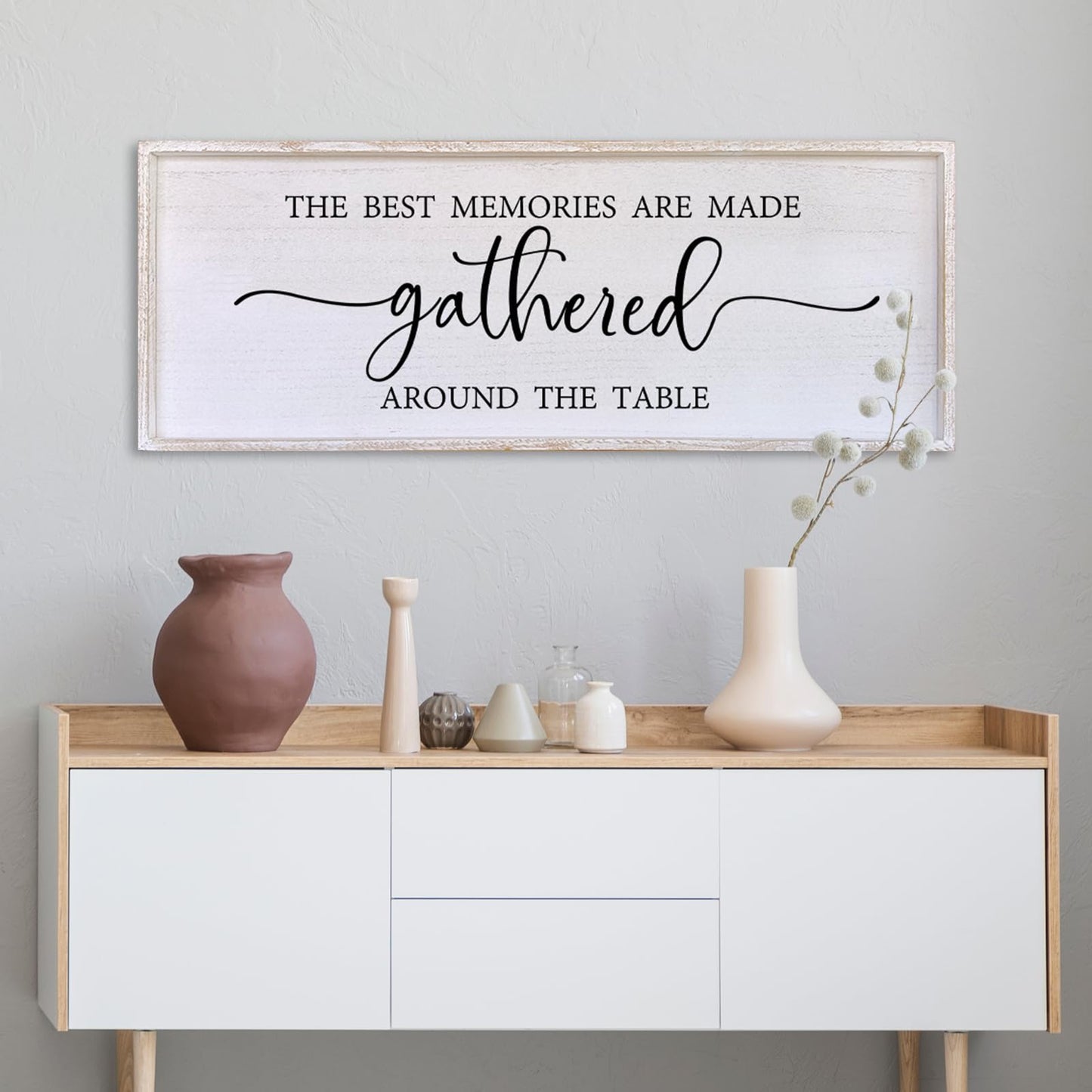 The Best Memories Are Made Gathered Around The Table Wall Decor 40"x15" Large Rustic Farmhouse Dining Room Wood Framed Modren Signs Kitchen Home Simple Hanging Wall Art (White)