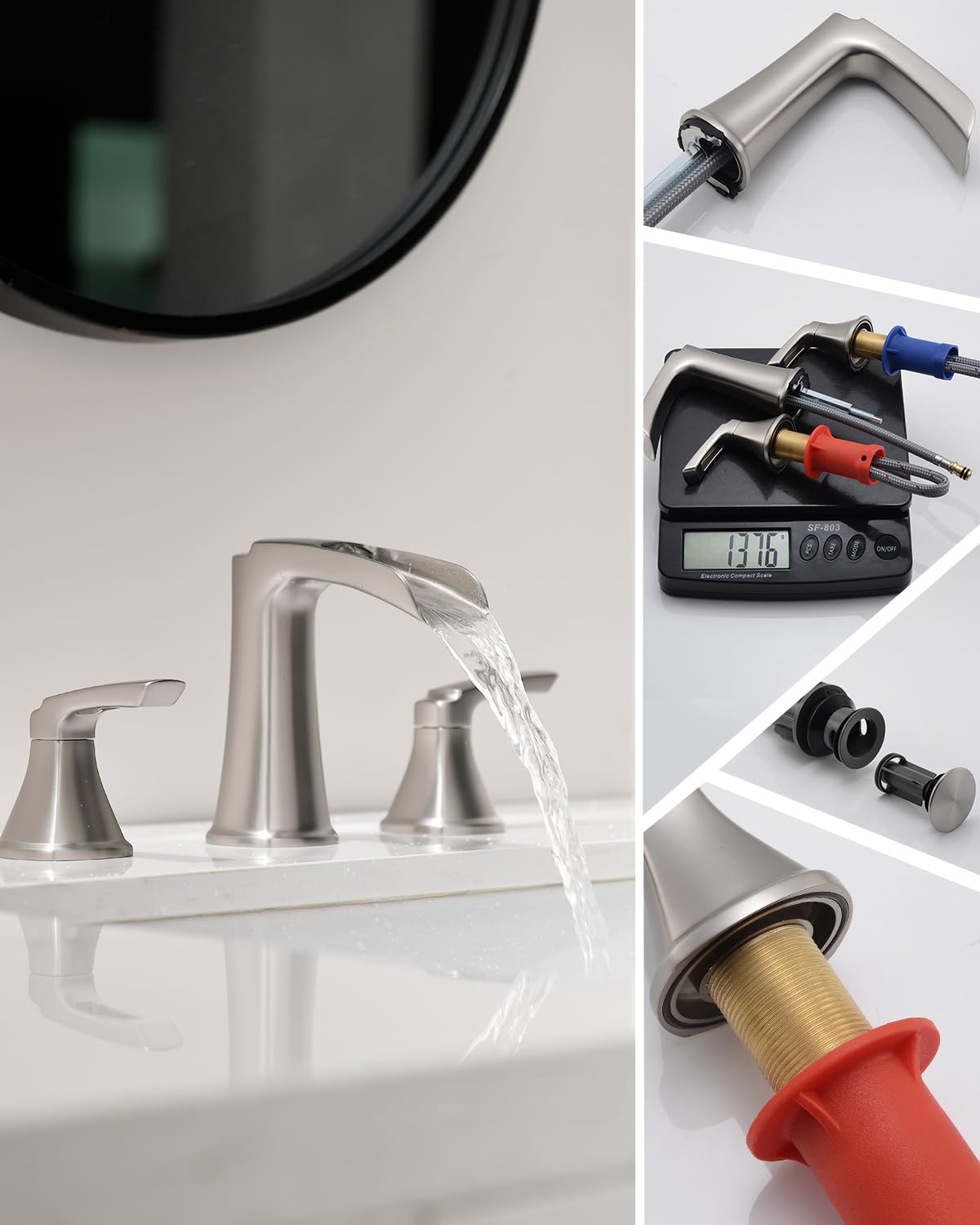 Fapully Brushed Nickel Bathroom Faucet 3 Hole, Waterfall 8 Inch Widespread Bathroom Sink Faucet with Pop-up Drain, Two-Handle Faucet for Bathroom Sink
