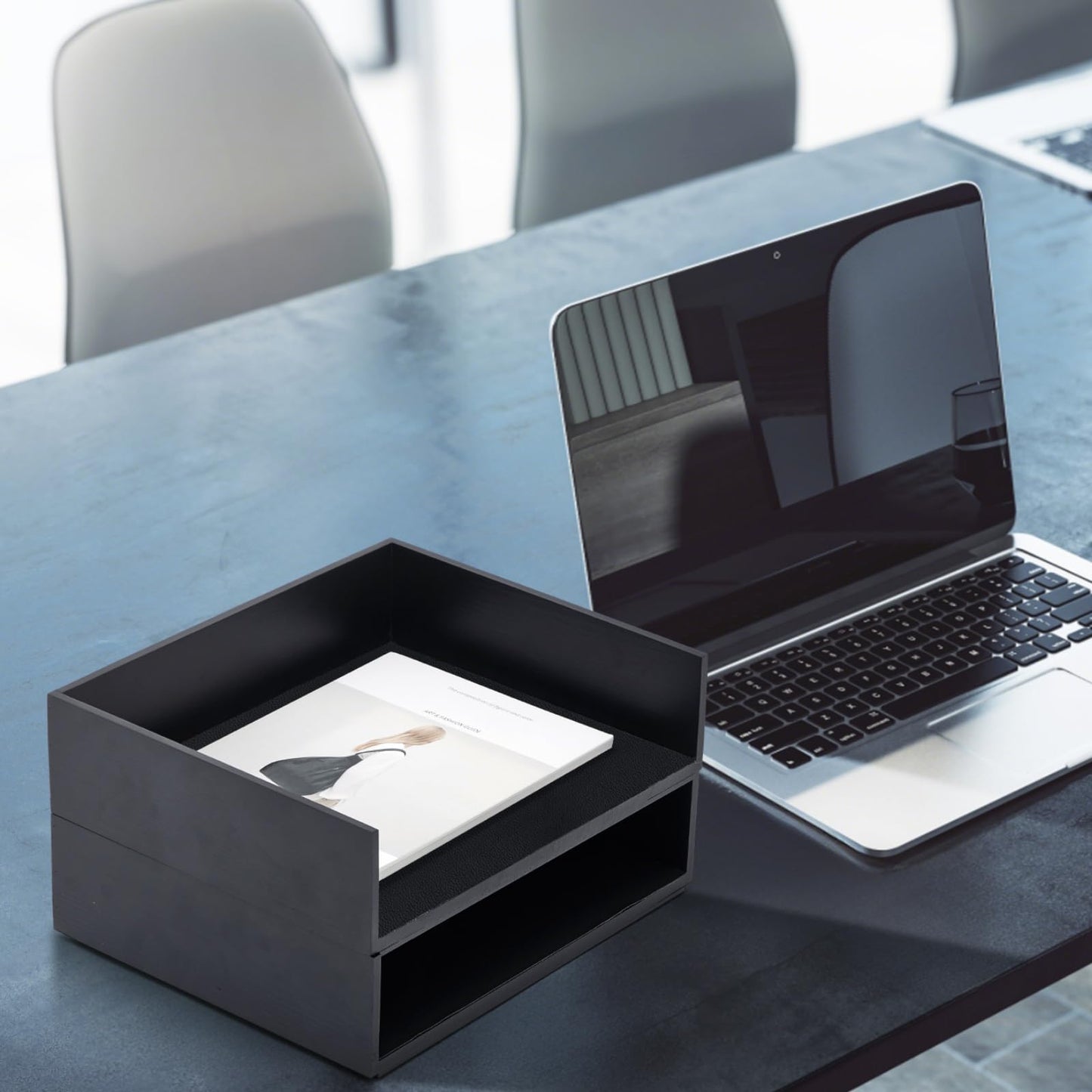 Yeaqee 2 Pcs Wooden Leather Stackable Letter Trays 13 x 10.6inch Luxurious Surface Desk Letter Tray Heavy Paper Inbox Mail Organizer for Office Document Magazine Folder Desktop Accessories(Black)