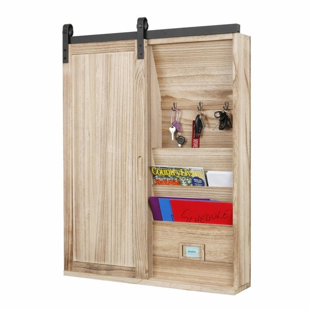 American Furniture Classics OS Home and Office Solid Wood Barn Door Style Corkboard and Letter and Key Storage Wall Organizer, Distressed Natural Finish (52001)