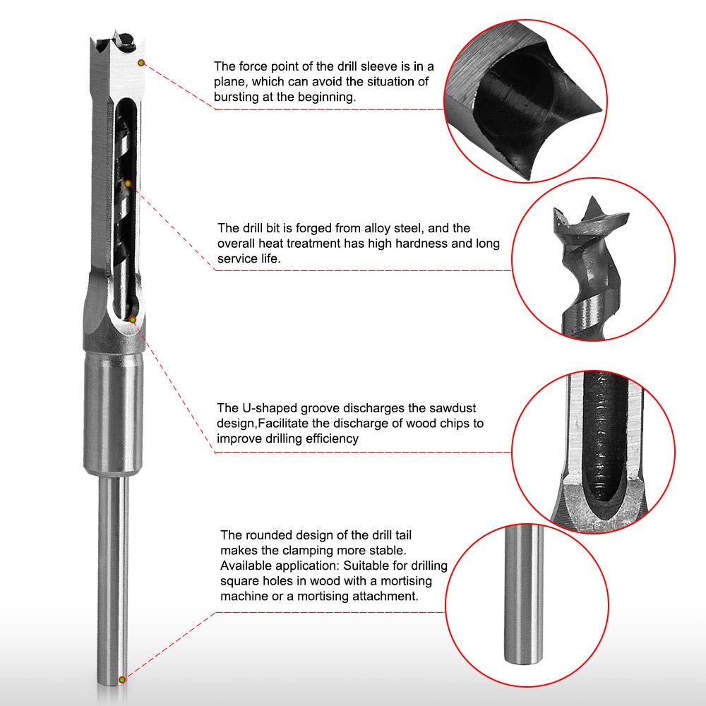 Square Hole Drill Bit, Steel Hardness Sharp Mortising Chisel Set 1/2-Inch, 1/4-Inch, 3/4inch, 3/8-Inch, 5/8-Inch, 5/16-Inch, 9/16-Inch Woodworking Mortiser Drill Bit-7pcs