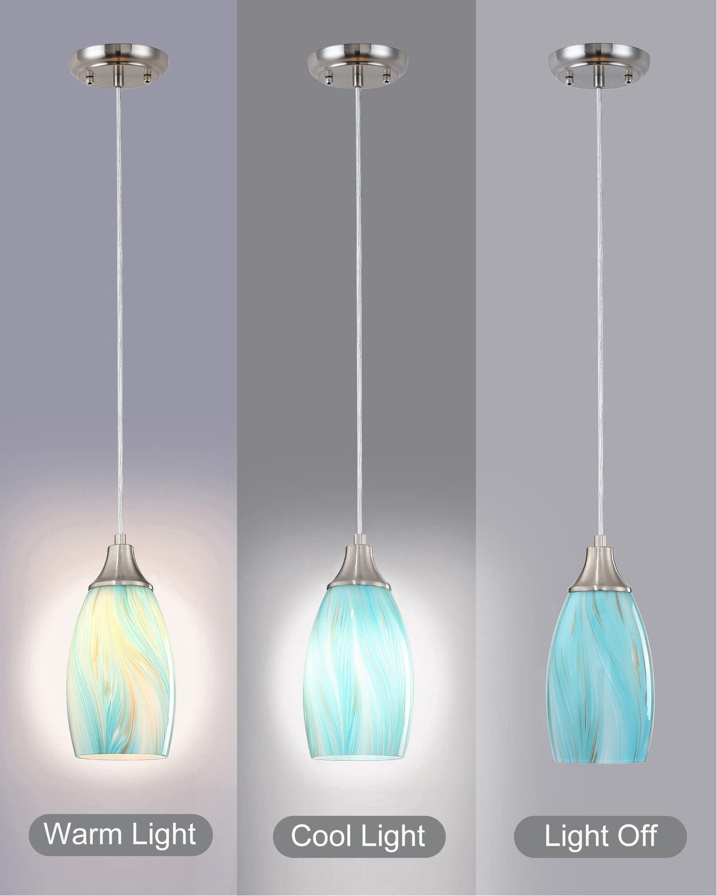 karyfine Mini Pendant Light,Handcrafted Art Glass Pendant Lighting Shade with Brushed Nickel Finished Teal Glass Ceiling Hanging lamp Adjustable Cord for Kitchen Island,Hallway,Dining Room