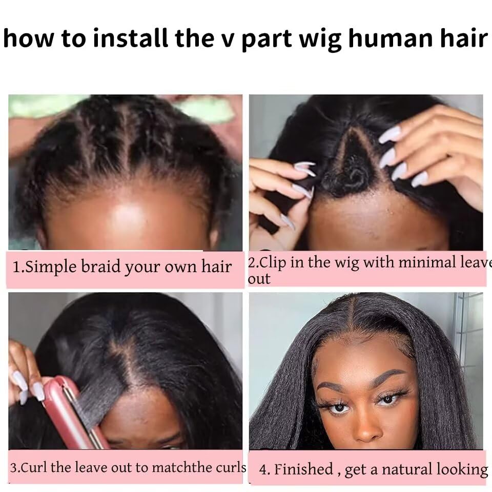 V Part Wig Human Hair Kinky Straight 180% Density Upgrade U Part Human Hair Wig For Women No Leave Out No Glue Beginner Friendly Full Head Clip In Half Wigs Yaki V Shape Wigs 20 Inch Natural Color