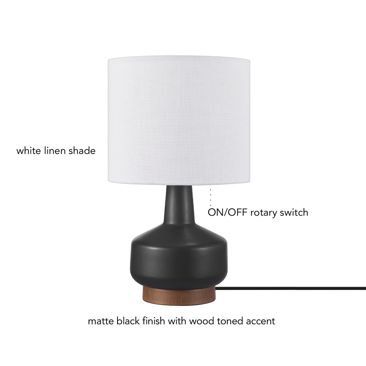 Globe Electric 15" Ceramic Table Lamp, Matte Black Base, Wood-Toned Accent, White Linen Shade, Dual Rotary Switch, Modern Bedroom or Office Lighting, 61000046