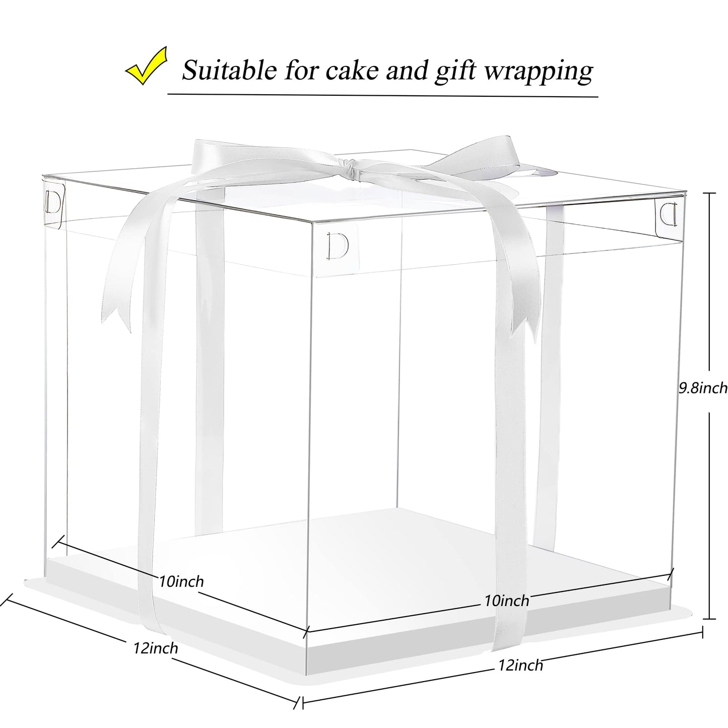 XININSUN 6Pcs Tall Cake Boxes Clear cake Box with Ribbon, 12x12x 10inch,Ideal for Large 10" and 12" Inch Tall Layer Tiered Cakes and Clear Gift Boxes for Wedding Party and Gift Display - White
