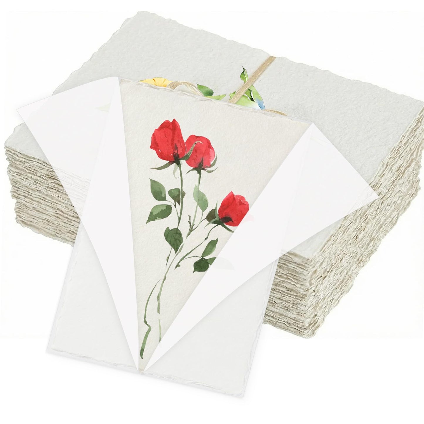 Deckled Edge Paper 5x7, 50 Sheets Handmade Watercolor Paper with Vellum Jackets for 5x7 Invitations, 300 GSM Natural Textured Paper, Rough Cotton Paper for Calligraphy, Painting & Craft Projects