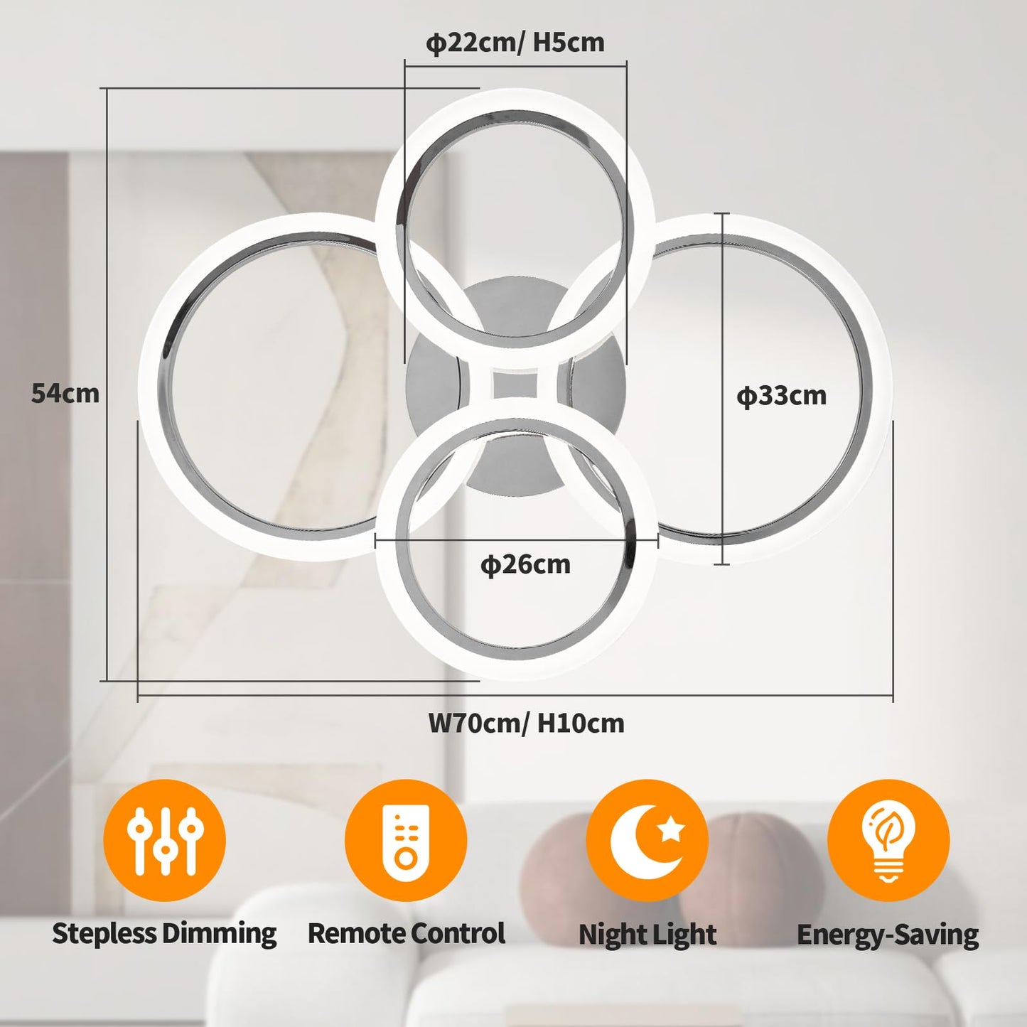 Vloitgol Modern LED Ceiling Light Fixture, 4 Rings Dimmable Flush Mount Ceiling Light with Remote, Acrylic Close to Ceiling Lighting Fixture for Low Ceiling Living Room Bedroom Kitchen (4 Heads)