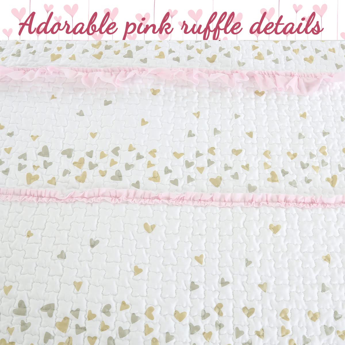 Cozy Line Home Fashions Pink Ruffle Metallic Printed Sweet Heart Polka Dot Girl Cotton Reversible Quilt Bedding Set, Coverlet, Bedspreads (Sparkling Hearts, Twin - 2 Piece)