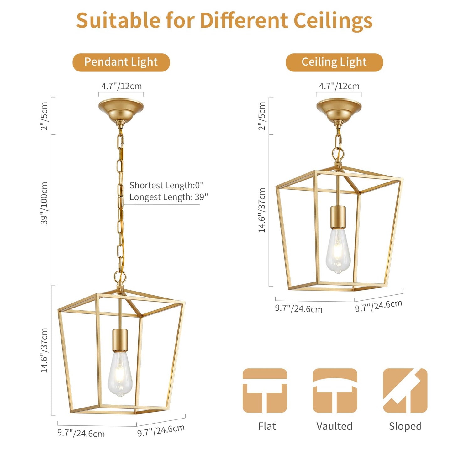 ANJIADENGSHI Lantern Pendant Light Lantern Iron Cage 1 E26 Bulbs Gold Chandelier for Dining Room Kitchen(Bulbs Not Included)
