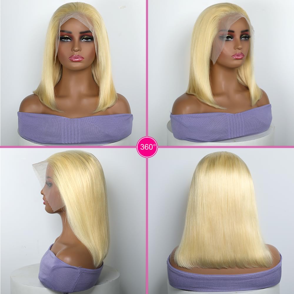 Honey Blonde 613 Lace Bob Wig Human Hair 180% Density 13x4 Transparent Lace Frontal Human Hair Wigs For Women Pre Plucked With Baby Hair 10A Brazilian Remy Human Hair Glueless Lace Bob Wigs - 10 Inch