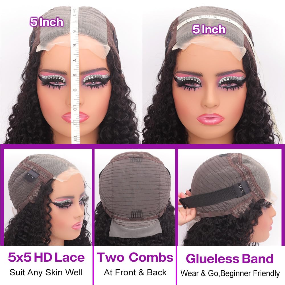 omswet 5x5 Deep Wave Closure Wig HD Lace Human Hair Wigs for Black Women Human Hair Glueless Wigs Human Hair Pre Plucked Deep Wave BOB Wig Wet and Wavy Wigs Human Hair Curly Wigs 180 Density 16 Inch