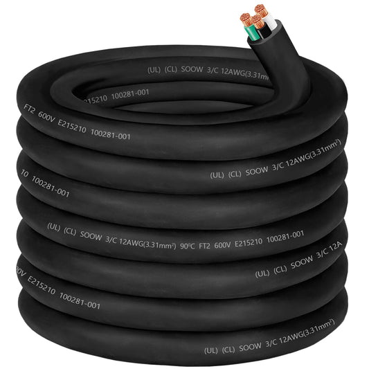 12/3 Wire 12 Gauge SOOW Wire 12AWG SOOW Portable Power Cable 12 Gauge 3 Conductor Electric Cable Extension Cord for NEMA 14-20amp Generator,Welder Machine,Portable Light,EV Car Charger,Motor Lead-50ft